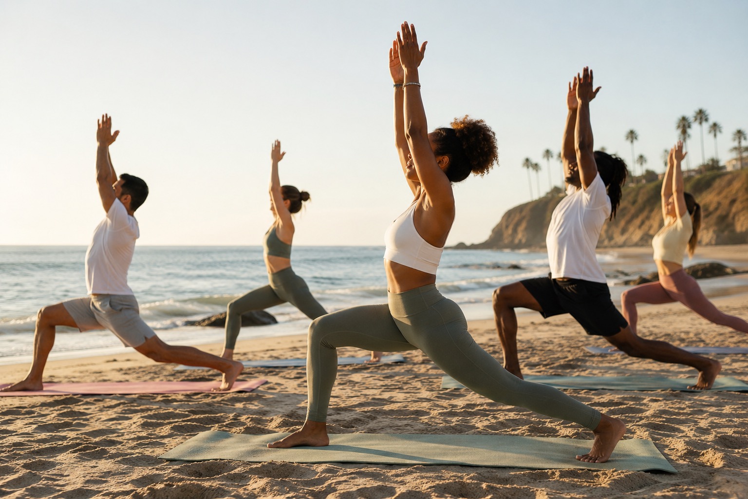 Group practicing beach yoga at sunrise on the California coast