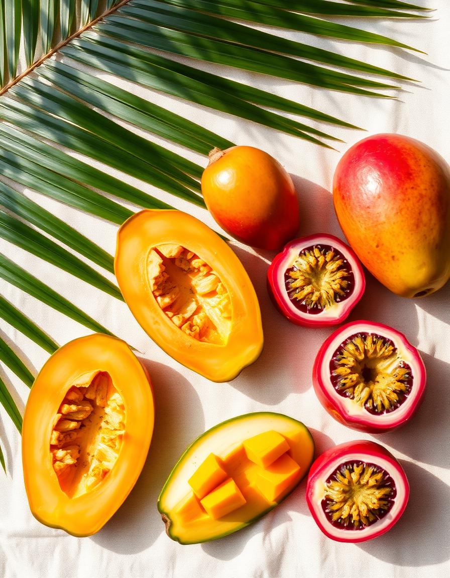 Papaya, mango and passion fruit flat lay with palm leaves